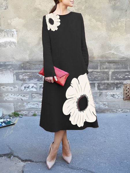 

Crew Neck Elegant Floral Print Long Sleeve Dress, Black, Maxi Dresses