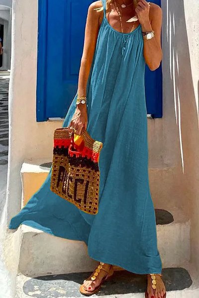 JFN Cotton & Linen Scoop Neck Maxi Beach Cami Dress, Blue, Dresses