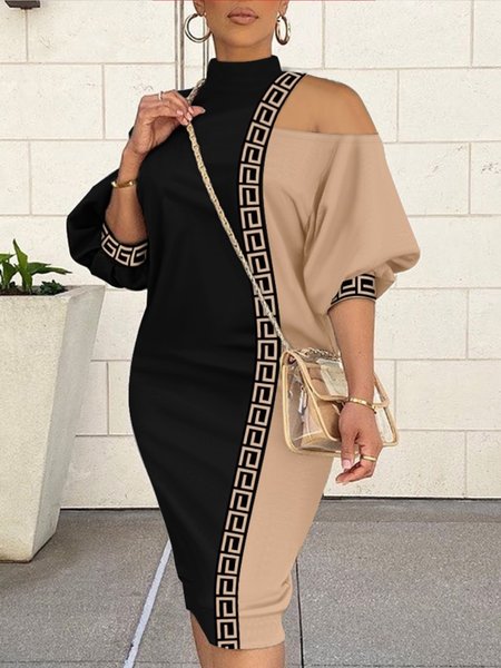 

Stand Collar Color Block Urban Regular Fit Dress, Khaki, Midi Dresses