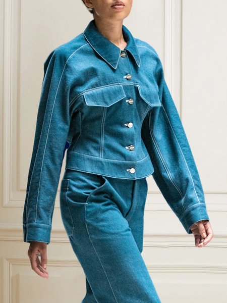 

Regular Fit Shirt Collar Urban Plain Denim Blouse, Blue, Blouses and Shirts