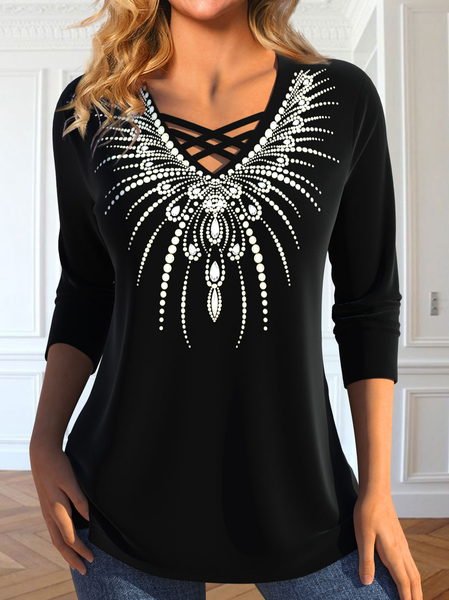 

Casual Geometric V Neck Loose T-Shirt, Black, T-Shirts