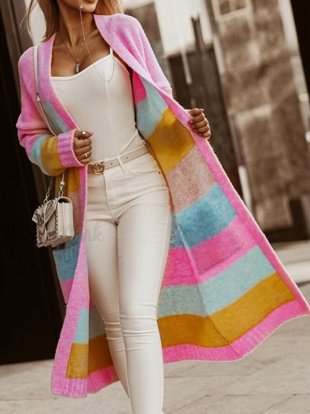 

Loose Multicolor Block Casual Cardigan, Deep pink, Sweaters