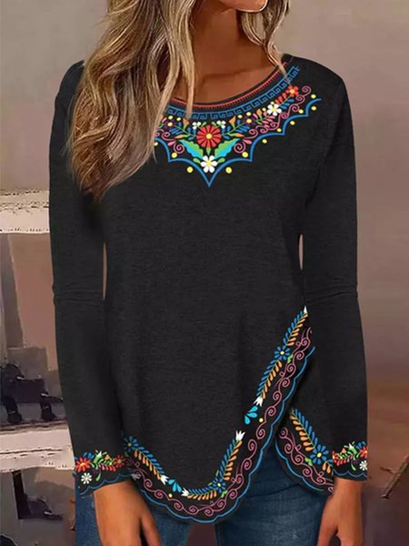 

Loose Crew Neck Casual Ethnic Shirt, Black, Shirts & Blouses