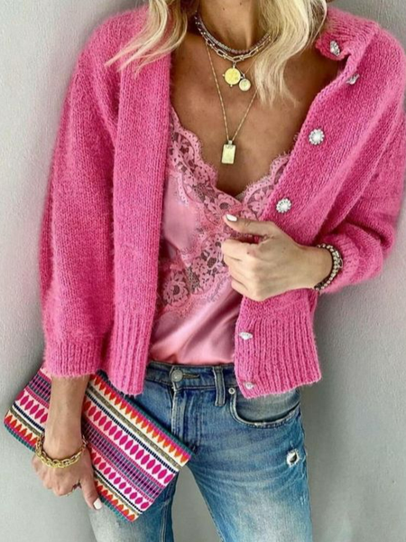 

Loose V Neck Yarn/Wool Yarn Casual Cardigan, Rose red, Sweaters