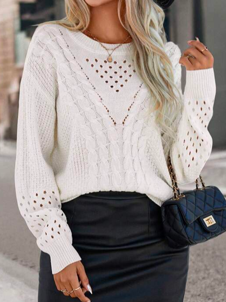 

Casual Yarn/Wool Yarn Cable Knit Drop Shoulder Sweater, White, Sweaters