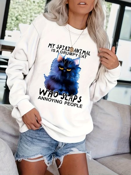 

Crew Neck Text Letters Cat Printing Loose Casual Sweatshirt, White, Sweatshirts & Hoodies