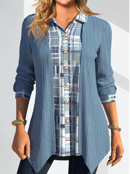 

Plaid Casual Loose Shawl Collar Blouse, Blue, Shirts & Blouses