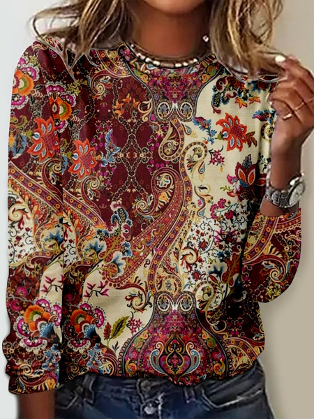 

Women's Vintage Fancy Ethnic Color Block Regular Fit Casual Crew Neck Shirt, As picture, Long sleeves