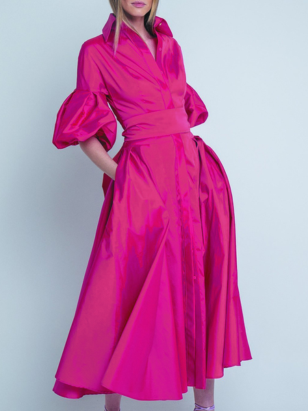 

Long sleeve Elegant Regular Fit Plain Shirt Collar Dress, Rose red, Midi Dresses