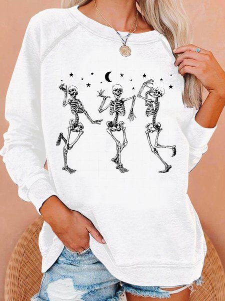 

Women's Casual Dancing Skeletons Halloween Letters Sweatshirt, White, Hoodies&Sweatshirts