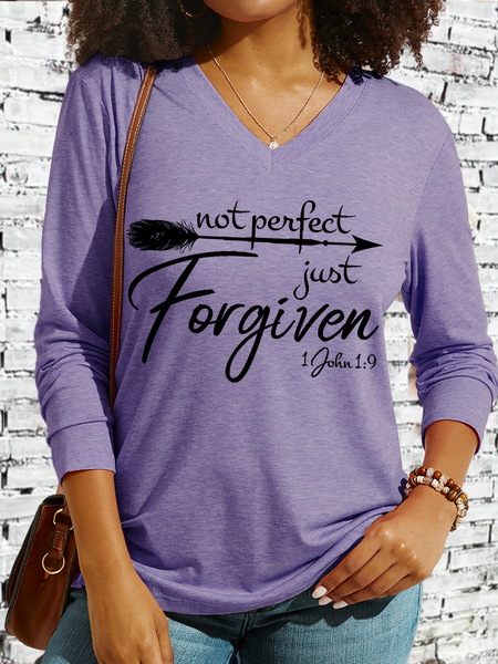 

Women's Not Perfect Just Forgiven Casual V Neck Cotton-Blend Long Sleeve Shirt, Purple, Long sleeves