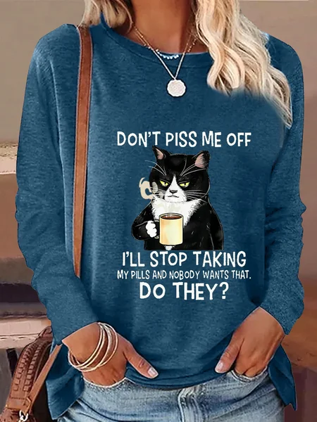 

Women's Don't Piss Me Letters Casual Shirt, Blue, Long sleeves