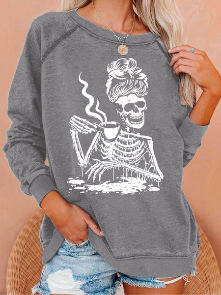 

Women's Casual Coffee Drinking Skeleton Lazy Letters Sweatshirt, Gray, Hoodies&Sweatshirts
