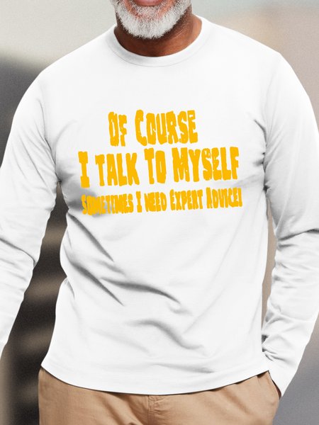 

Men’s Df Course I Talk To Myself Text Letters Cotton Casual Regular Fit Top, White, Long Sleeves
