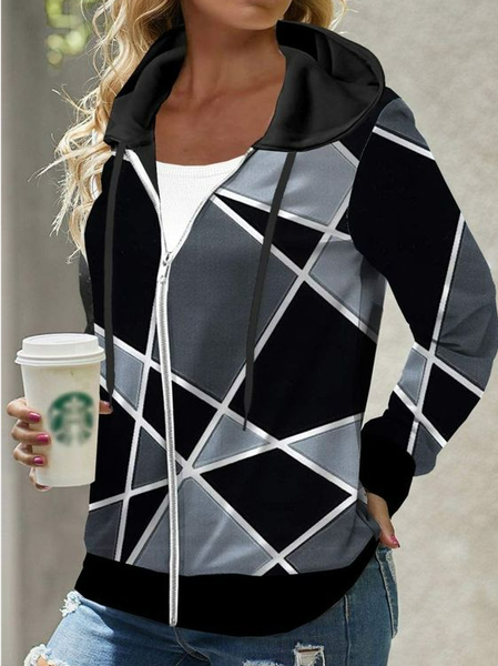 

Casual Loose Geometric Hoodie Kimono, Black, Coats
