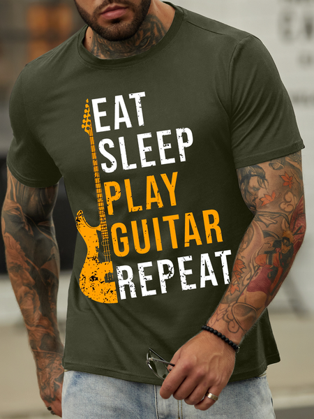 

Men's Eat sleep play guitar repeat Text Letters Cotton-Blend Loose Casual T-Shirt, Green, T-shirts