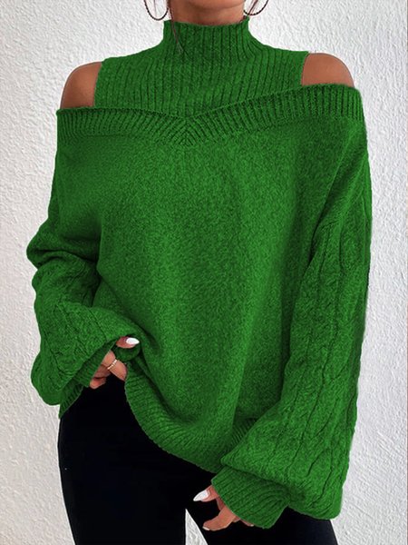 

Turtleneck Urban Loose Plain Sweater, Green, Pullovers