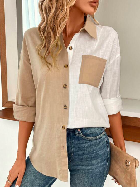

Cotton Shirt Collar Casual Two Tone Drop Shoulder Pocket Patched Shirt, Khaki, Shirts & Blouses