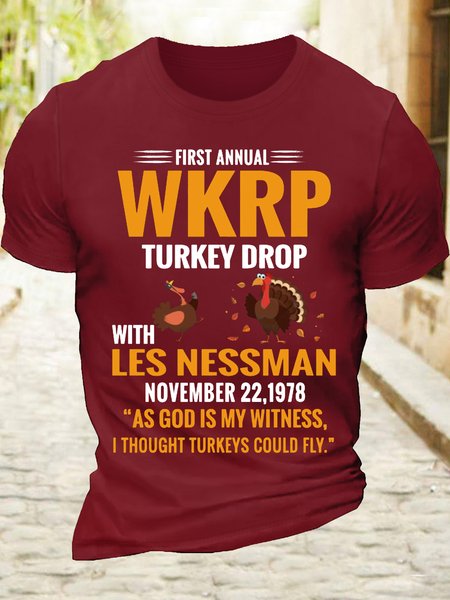 

Men’s Cotton First Annual WKRP Turkey Drop With Les Nessman November 22 1978 T-Shirt, Red, T-shirts