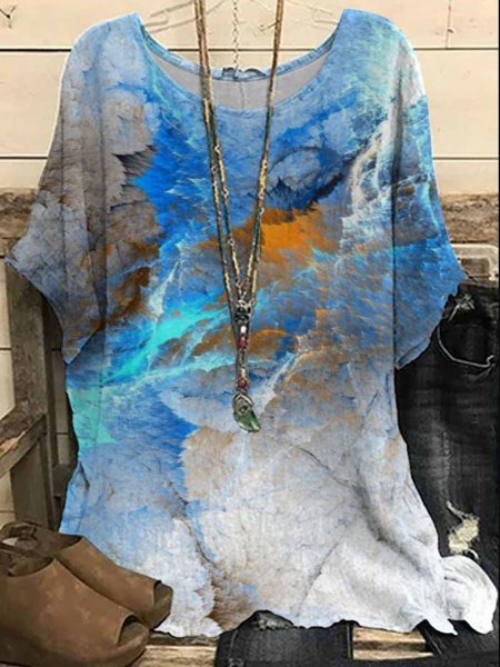 

Crew Neck Ethnic Loose Printing T-Shirt, Gray, T-Shirts