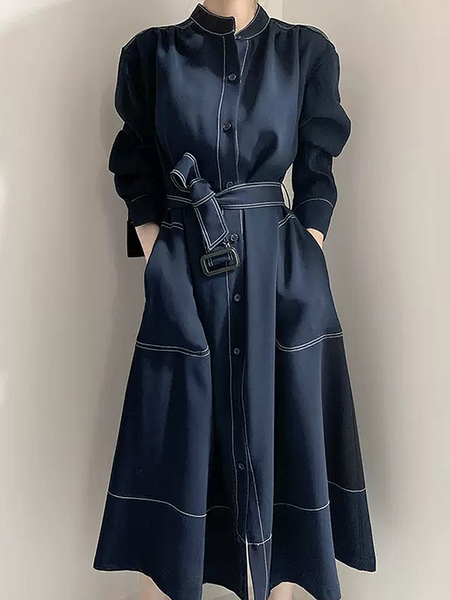

Loose Stand Collar Long Sleeve Urban Dress With Belt, Navyblue, Midi Dresses