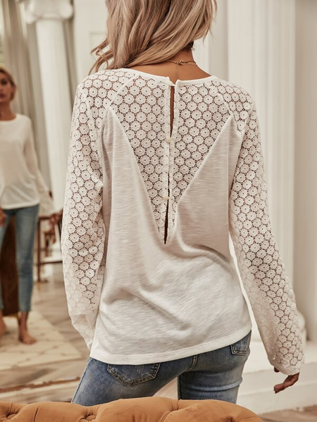 

Plain Loose Crew Neck Contrast Lace Button Back T-Shirt, White, T-Shirts