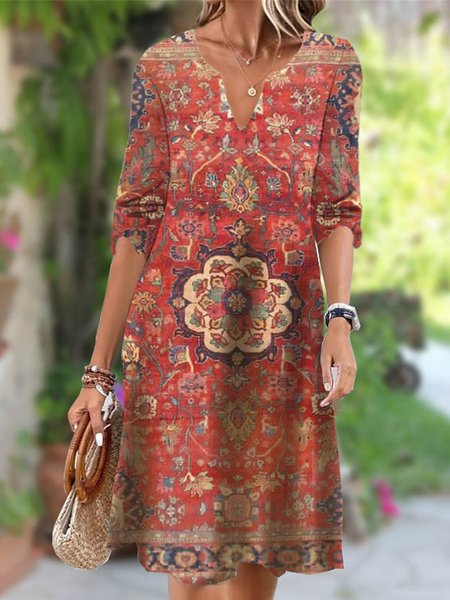 

Ethnic Casual Regular Fit Notched Dress, Red, Dresses