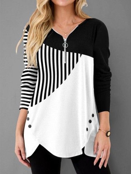 

V Neck Striped Loose Casual Shirt, Black, Shirts & Blouses