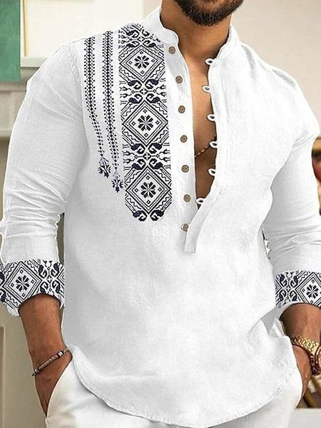 

Stand Collar Ethni Printing Regular Sleeve Vacation Shirt, White, Shirts ＆ Blouse