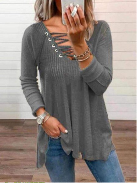 

Plain V Neck Loose Casual T-Shirt, Gray, T-Shirts