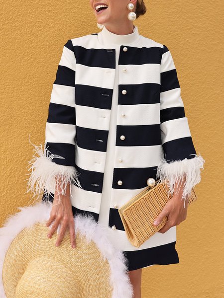 

Loose Striped Crew Neck Urban Jacket, Black-white, Jackets