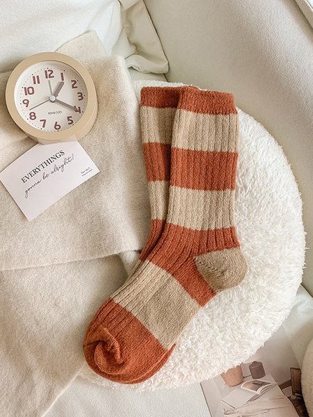 

Contrasting Chunky Stripes Wool-blend Knitted Stockings, Orange, Socks