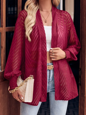

Long Sleeve Striped Jacquard Regular Loose Kimono For Women, Wine red, Kimono