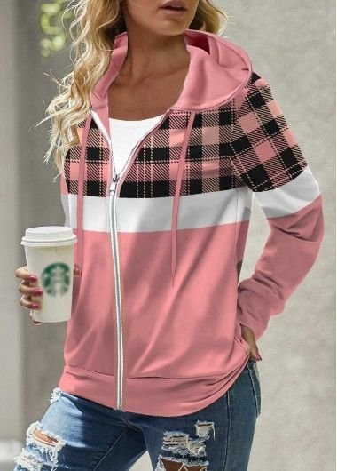

Casual Color Block Loose Zipper Hoodie Kimono, Pink, Coats