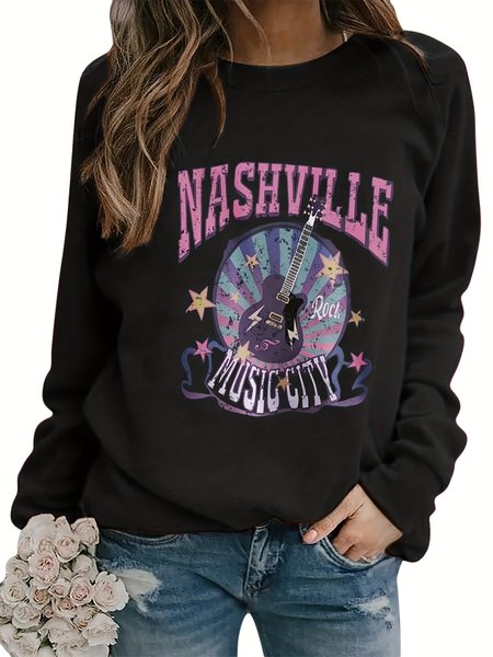 

Women's Casual Guitar Letter Oversized Crewneck Sweatshirt Everyday Clothing, Black, Sweatshirts & Hoodies