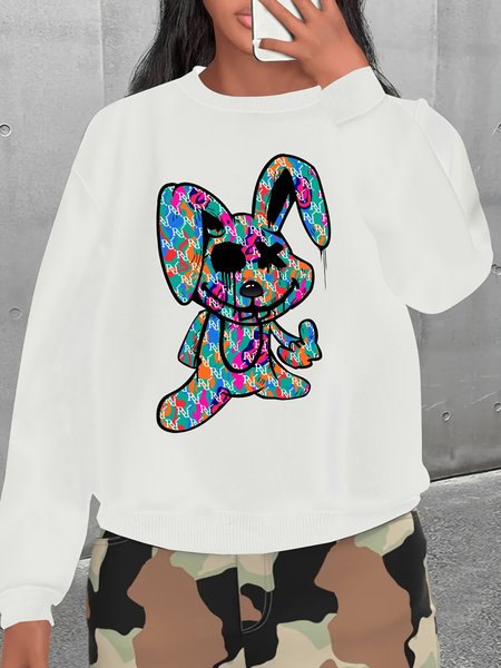 

Women Casual Colorful Bunny Print Stretch Crewneck Sweatshirt Halloween Easter, White, Sweatshirts & Hoodies