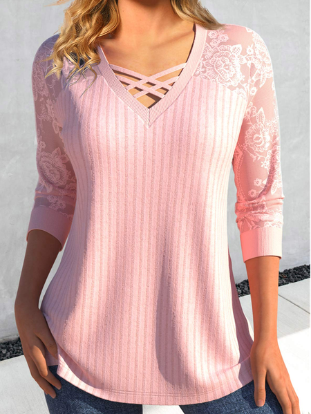 

Loose Plain Casual Lace T-Shirt, Pink, T-Shirts