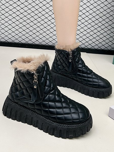 

Plaid Embossed Thick Fleece Warm Wear-resistant Snow Boots, Black, Boots