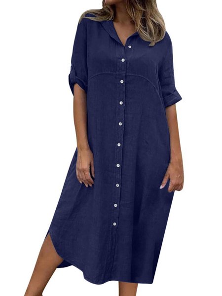 

Cotton And Linen Casual Loose Shirt Dress, Navyblue, Dresses
