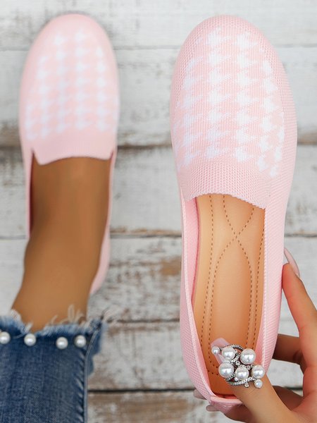 Houndstooth Breathable Mesh Fabric Casual Flat Shoes, Pink, Flats