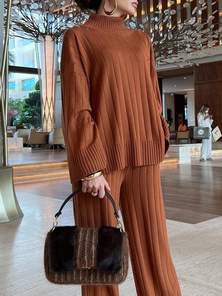 

Urban Plain Turtleneck Loose Long Sleeve Sweater, Brown, Pullovers