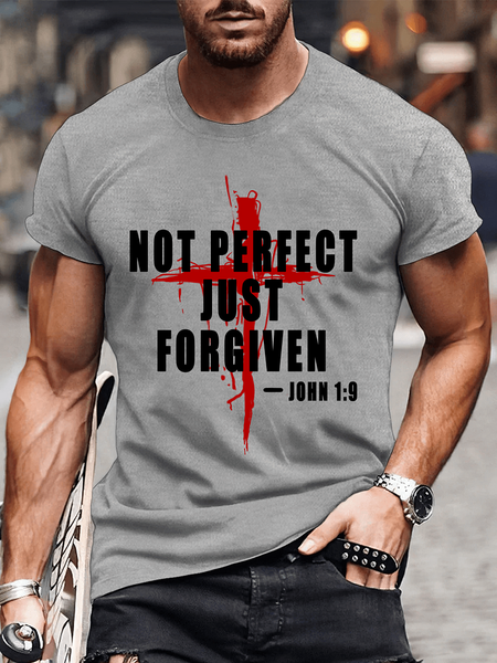 

Men's John 1:9 - Not Perfect Just Forgiven Casual Text Letters Cotton T-Shirt, Light gray, T-shirts