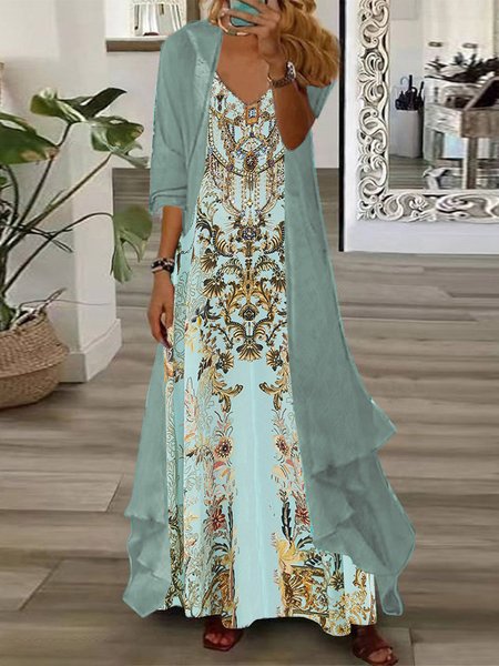 

Ethnic V Neck Regular Fit Casual Two-Piece Set, Cyan, Suit Set