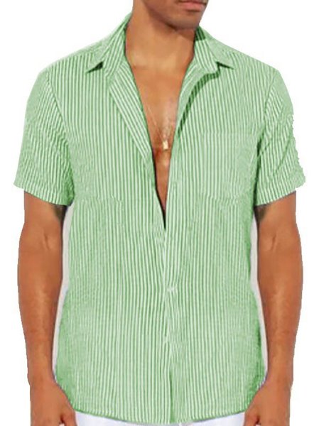 

Striped Chemical Fiber Blend Shirt Collar Boho Shirt, Aqua, Shirts ＆ Blouse