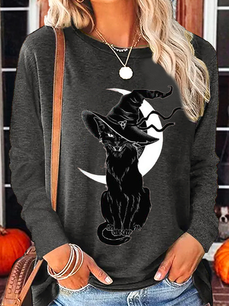 

Women's Moon Cat Witch Regular Fit Crew Neck Casual Long Sleeve Shirt, Deep gray, Long sleeves