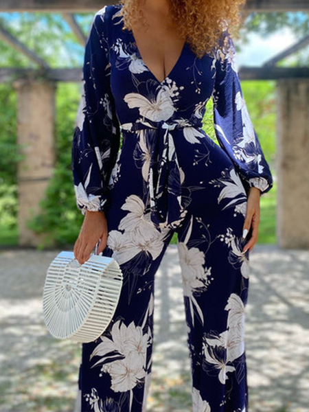 

Long Sleeve V Neck Loose Long Daily Casual Floral High Waist For Women, Blue, Jumpsuits&Rompers