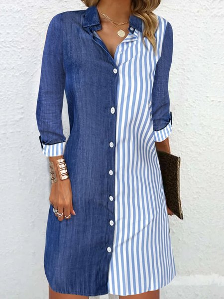 

Women Striped Shirt Collar Long Sleeve Comfy Casual Buckle Midi Dress, Blue, Short
