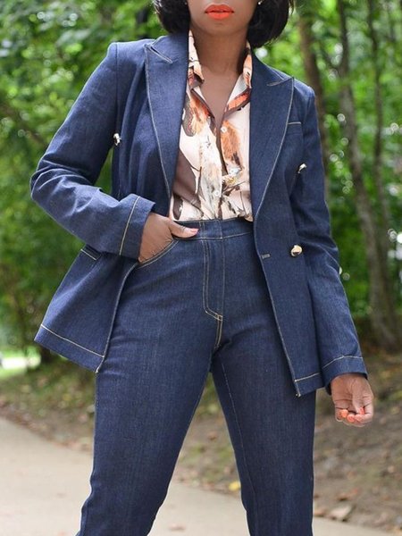 

Lapel Collar Plain Regular Fit Urban Faux Denim Coat, Blue, Jackets