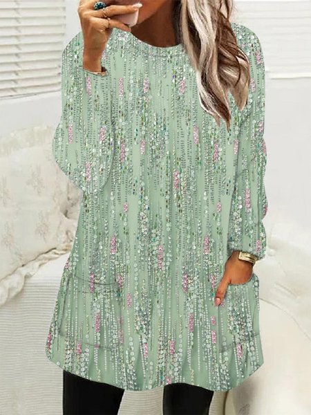 

Crew Neck Loose Floral Casual Dress, Green, Dresses