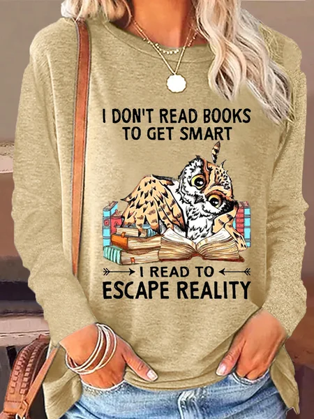 

Women's I Don't Read Books Letter Owl Print Letters Casual Crew Neck Shirt, Khaki, Long sleeves